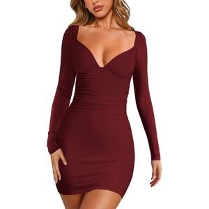 YFANG Womens Sexy Deep V Neck Long Sleeve Bodycon Mini Dress Medium